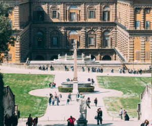 School academy building with college students